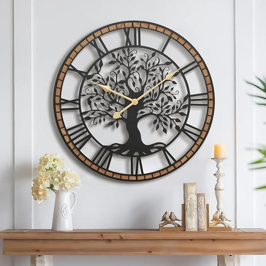 Micasso Non-Ticking Oversize Wall Clock: 38Inch Tree of Life Metal with Solid Wood Frame - Silent Battery Operated Clock for Living Room/Fireplace/High-Ceiling - Home Decor for Homemakers