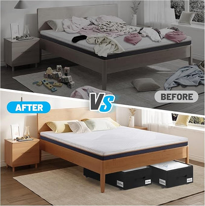 Under Bed Storage with Wheels, 4-Pack 10" Height XXL 75L Rolling Storage Bins, Quick Assembly Underbed Shoe Storage Containers with Clear Lid & Label, Dorm Under Bed Drawers for Clothes, Shoes, Black