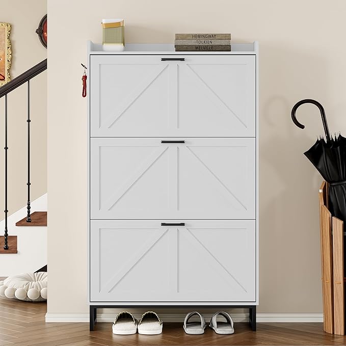 Shoe Cabinet with 3 Flip Drawers Narrow Shoe Storage Cabinet Organizer Wooden Freestanding Shoe Rack Hidden Slim Shoes Storage Cabinet for Entryway, Hallway, Living Room, Bedroom
