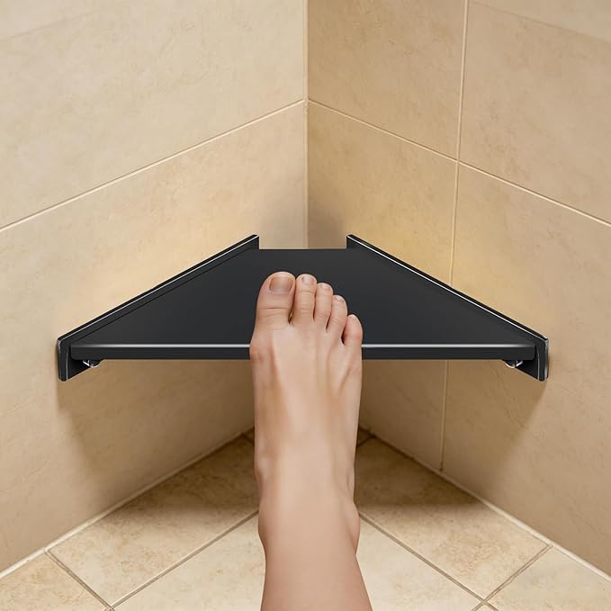 Corner Shower Foot Rest for Shaving Legs, Wall Mounted Shower Step & Shower Shelf 2 in 1, Stainless Steel Shower Foot Ledge, Heavy Duty Corner Shelf for Bathroom, Space Saving Design, Matte Black