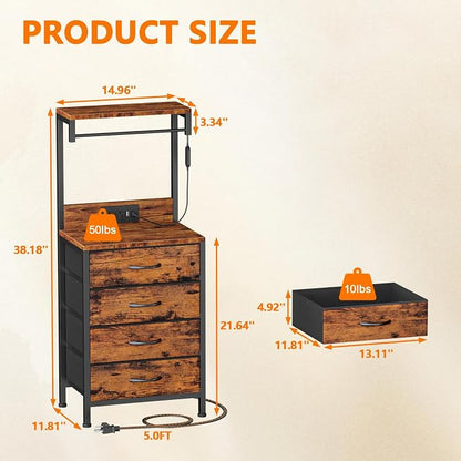 Furnulem Night Stand Set 2, Tall Nightstand with Charging Station and LED Lights, Nightstand with 4 Fabric Drawers and Storage Shelves, Bedside Table Side Tables Set of 2 for Bedroom, Rustic Brown