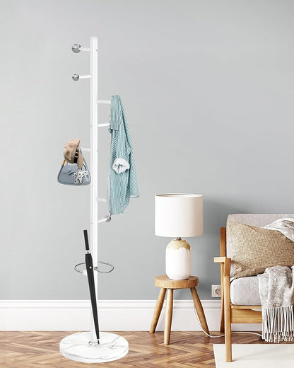 ZOZOE Metal Coat Rack Stand, Modern Coat Rack Freestanding with Natural Marble Base, Sturdy Industrial Coat Racks with 8 Hooks & Umbrella Holder,White Coat Tree Hanger Stand for Entryway,Office
