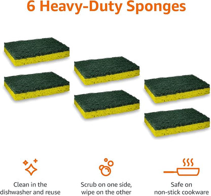 Amazon Basics Heavy Duty Scrub Sponges,Dual-Sided Design,Yellow/Green, 36 Count (6 Packs of 6), Packaging May Vary