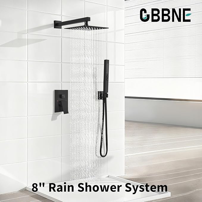 Shower Faucet Set Rainfall Shower System with Square Showerhead and Handle Set Fixture with 2 in 1 Function Handheld Sprayer Wall Mounted Trim Repair Kit Rough-in Valve 8 Inch Matte Black