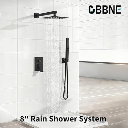 Shower Faucet Set Rainfall Shower System with Square Showerhead and Handle Set Fixture with 2 in 1 Function Handheld Sprayer Wall Mounted Trim Repair Kit Rough-in Valve 8 Inch Matte Black
