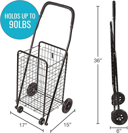 DMI Utility Cart with Wheels to be used for Shopping, Grocery, Laundry and Stair Climber Cart, Weighs 7.5 Pounds but holds up to 90 Pounds, Compact and Foldable, Black