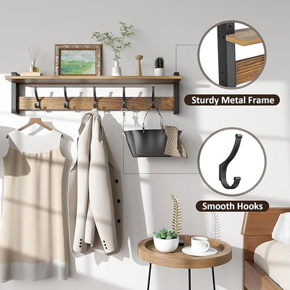 Coat Rack Wall Mount with Shelf, 29 Inch Coat Hanger Walls Mounted, Hat Rack for Walls, Shelf with 5 Coat Hooks, Wall Hanger for Entryway (Brown)