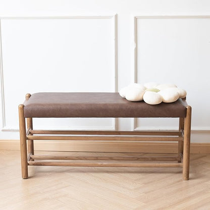 Solid Wood Entryway Bench with Shoe Storage, Rustic Oak Wood and PU Leather 39.4 Inch Long Seating for Living and Dining Rooms, 3-Tier Brown