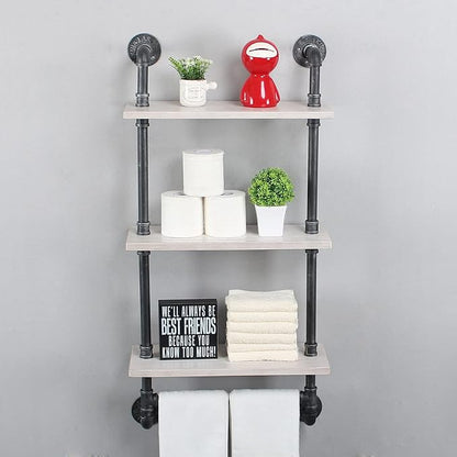 Industrial Pipe Shelf Bathroom Shelves Wall Mounted,19.6in Rustic Wood Shelf with Towel Bar,3 Tier Farmhouse Towel Rack Over Toilet,Pipe Shelving Floating Shelves Towel Holder,Retro White
