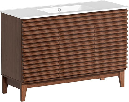 ROOMTEC 48" Bathroom Vanity with Sink, Mid-Century Freestanding Bathroom Vanity Sink with Storage, Undermount Ceramic Sink, Cabinet Particleboard Frame with Wood Grain Laminate, Walnut