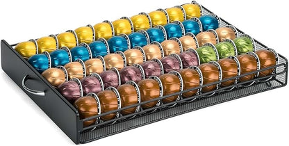 HiveNets for Vertuo Coffee Capsule Storage Drawer Compatible with Nespresso Vertuoline Pods Holder Metal and Wood Top Organizer (can hold 50 Pods)