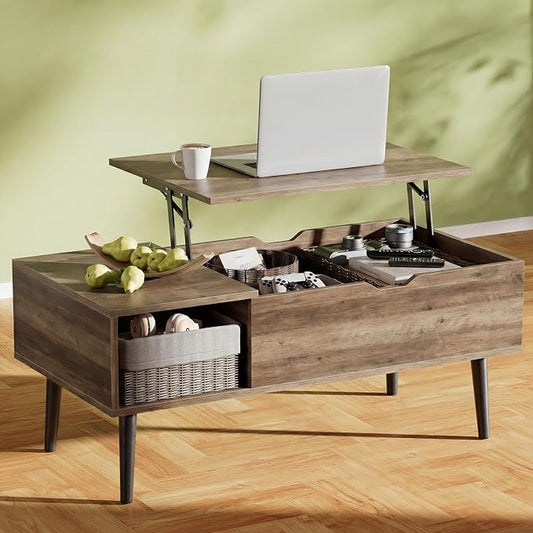Sweetcrispy Coffee Table Lift Top Coffee Tables for Living Room,Small Rising Wooden Center Tables with Storage Shelf and Hidden Compartment, Grey