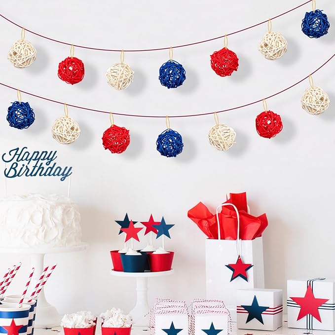 GuassLee 18pcs 4th of July Patriotic Decorative Balls Rattan Decoration - Red Blue White Balls for Independence Day Home Decor Craft Vase Bowl Filler Table Party Supplies Decorations