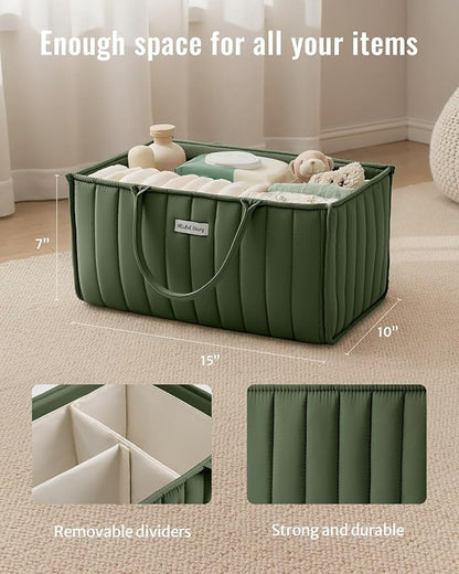 Blissful Diary Baby Diaper Caddy Organizer, Stylish Storage Basket for Newborn Essentials and Diaper Station, Gift for Baby Shower and Registry Must-Have, Deep Green