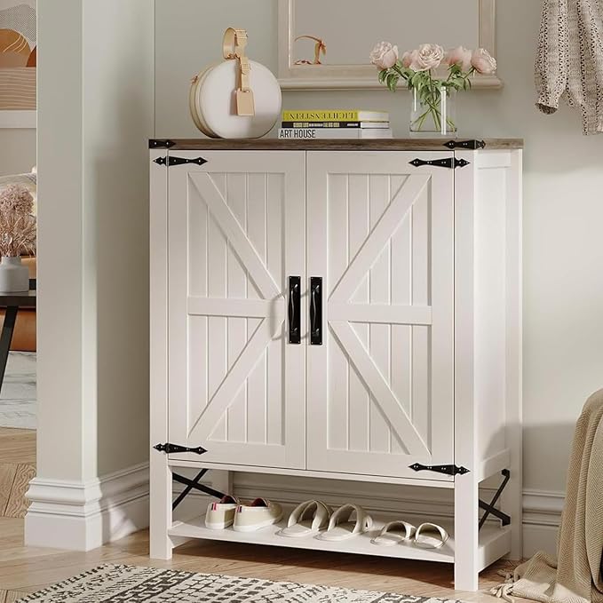 Maupvit 6-Tier Shoe Cabinet with Doors, Farmhouse Shoe Storage Cabinet with Adjustable Shelves, Shoe Shelf, Wooden Shoe Rack Organizer Cabinet for Entryway, Foyer, Hallway, Living Room, White