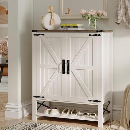 Maupvit 6-Tier Shoe Cabinet with Doors, Farmhouse Shoe Storage Cabinet with Adjustable Shelves, Shoe Shelf, Wooden Shoe Rack Organizer Cabinet for Entryway, Foyer, Hallway, Living Room, White