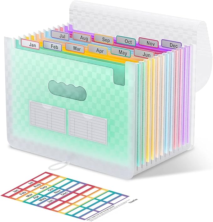 ThinkTex Accordion File Organizer, 12 - Pocket Expanding File Folders for Paper Receipts, Bills & Taxes Organizer, Letter/A4 Size Document Holder for School, Office, Home with Colorful tabs- Black