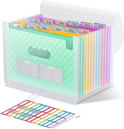 ThinkTex Accordion File Organizer, 12 - Pocket Expanding File Folders for Paper Receipts, Bills & Taxes Organizer, Letter/A4 Size Document Holder for School, Office, Home with Colorful tabs- Black