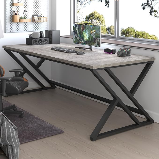 LVB Modern Long Office Desk, Large Wood Metal Computer Desk, Industrial Double Workstation Desk for Two People, Rustic PC Executive Work Study Writing Computer Table for Home, Light Grey Oak, 78.7 in