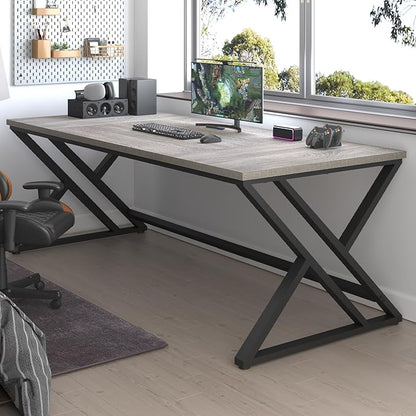 LVB Modern Long Office Desk, Large Wood Metal Computer Desk, Industrial Double Workstation Desk for Two People, Rustic PC Executive Work Study Writing Computer Table for Home, Light Grey Oak, 78.7 in