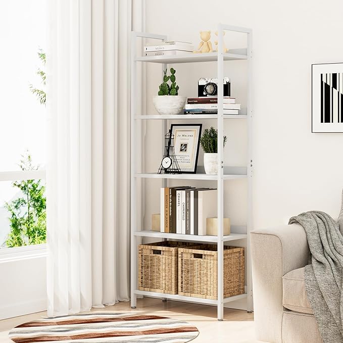 NUMENN Bookshelf, 5 Tier Bookshelves, Home Office Bookcase Shelf Storage Organizer, Free Standing Storage Shelving Unit for Bedroom, Living Room and Home Office, White