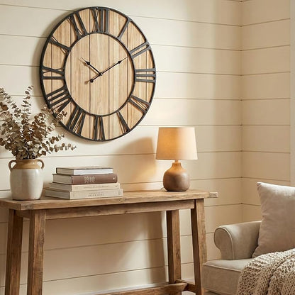 EMAX HOME Large Farmhouse Wall Clock 24 Inch Vintage Brown Wooden Wall Clock with Quiet Ticking and Minimalist Roman Numerals for Bedroom Living Room Office Kitchen Home Decor, Battery Operated