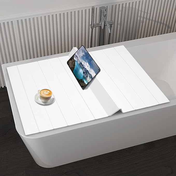 White Wood Grain Foldable Bathtub Cover, PVC Waterproof Dustproof Bath Tub Lid, Heat Preservation Bathroom Tub Tray for Home Hotel Spa (59.06×27.56×0.26in)