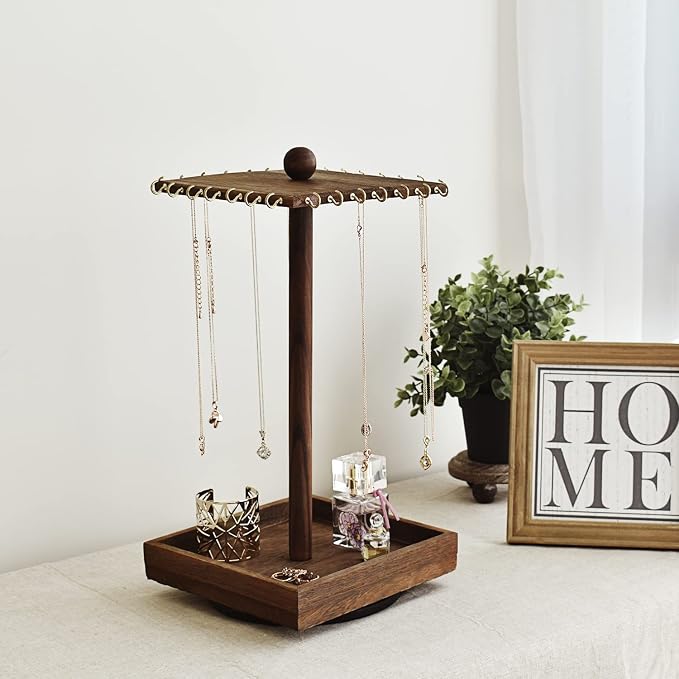 Ikee Design Wooden Rotating Jewelry Organizer, Jewelry Display Tower for Necklace & Bracelet, Rotating Necklace Holder Organizer, Jewelry Stand for Shows, Brown Color, 7.88 W x 7.88 D x 16 H in