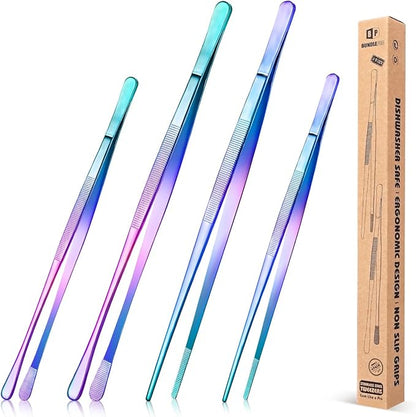4 Pcs Fine Long Tweezer Tongs Professional Rainbow, 12'' and 10'' Stainless Steel for Kitchen, Food, Cooking, Repairing, Sea food and BBQ