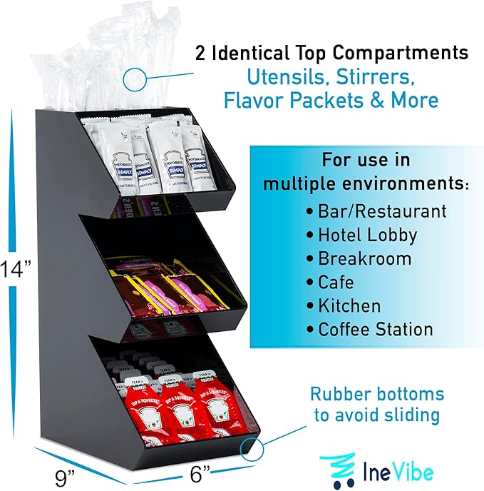 Inevibe Condiment Holder Stand - 3 Tier Compartment for Condiments, Sauce Packets, and Coffee Station Organizer for Bar, Restaurant, Cafe, Home - Black Acrylic Caddy Storage Rack