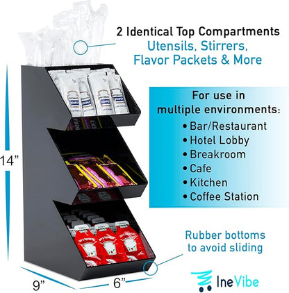 Inevibe Condiment Holder Stand - 3 Tier Compartment for Condiments, Sauce Packets, and Coffee Station Organizer for Bar, Restaurant, Cafe, Home - Black Acrylic Caddy Storage Rack