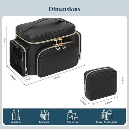 Makeup Bag, 2PCS Leather Large Travel Makeup Bag, Portable Waterproof Makeup Bag Organizer for Women with Makeup Brush Compartment, Cosmetic Travel Bag Vertical Storage Toiletry Bag, Black