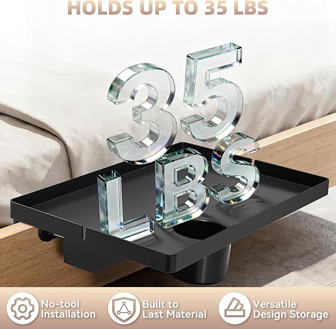 Bedside Shelf Dorm Bunk Bed, Bedside Caddy Shelf Dorm Bed, No Drill College Nightstand Organizer for Personal Items Books Glasses Apartment Bedroom Compact Space Solution Large+Black