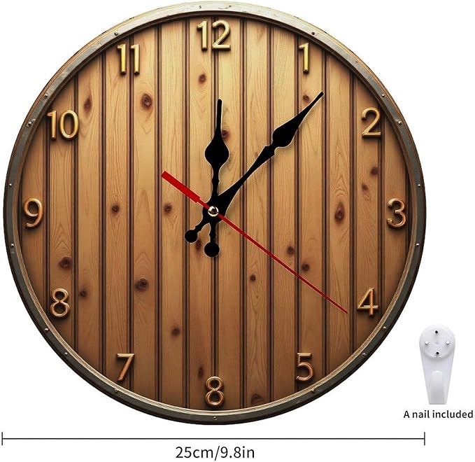Wall Clock， Rustic Wooden Wall Clocks Battery Operated， Brown Wooden Wall Clocks for Kitchen， Living Room， Bedroom， Office， Bathroom Decorative 25 * 25cm