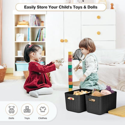 Ohmlove 4 Packs Storage Bins with Bamboo Lids - Plastic Storage Containers with Lids Stackable Storage Box: Storages Baskets for Organizing Desktop Closet Playroom Classroom Office, Black