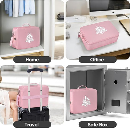 BALEINE Fireproof Document Box with Lock, Portable Fireproof Document Bag Waterproof Fire Proof File Boxes for Documents, File Organizer Box for Important Paperwork (Pink, 15''x11''x4'')