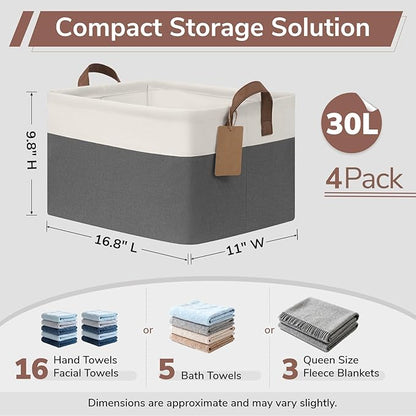 CHICVITA 4 Pack Large Storage Baskets for Shelves, Collapsible Closet Organizer Bins with Handles, Decorative Shelf Baskets for Bedroom Living Room, 16.8" x 11" x 9.8", Gray & White