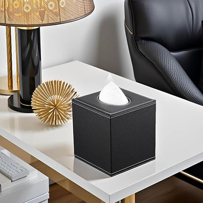 KINGFOM Square Pu Leather Tissue Box Cover, Modern Facial Tissue Holder, Roll Tissues Paper Case Dispenser for Bathroom Vanity Countertop, Night Stands, Office Desk & Car(Black)