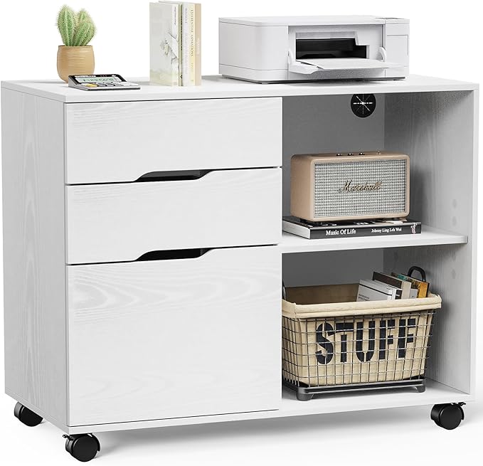 DUMOS Rolling File Cabinet with 3 Drawers, Wood Under Desk Printer Stand with Wheels and Adjustable Shelves, Lateral Filing Cabinet for Home Office, Small Space Storage Organizer, White