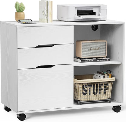 DUMOS Rolling File Cabinet with 3 Drawers, Wood Under Desk Printer Stand with Wheels and Adjustable Shelves, Lateral Filing Cabinet for Home Office, Small Space Storage Organizer, White