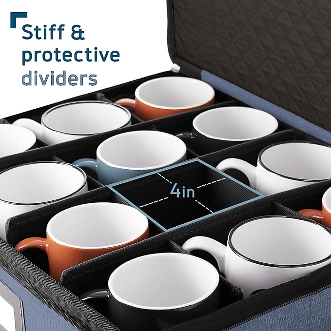 Hearth & Harbor Coffee Mug Storage, Quilted and Stackable Coffee Cup Storage Organizer for Service of 12, Mug Storage Box with Dividers, China Containers Hard Shell for Moving and Organization, Blue