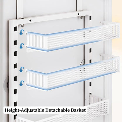 Over the Door Pantry Organizer, 8-Tier Over the Door Spice Rack with Adjustable Baskets, Wall-Mounted or Hanging Shelves for Kitchen, Laundry Room, Bathroom(White, 15.35"W x 5.2"D x 72.6"H)