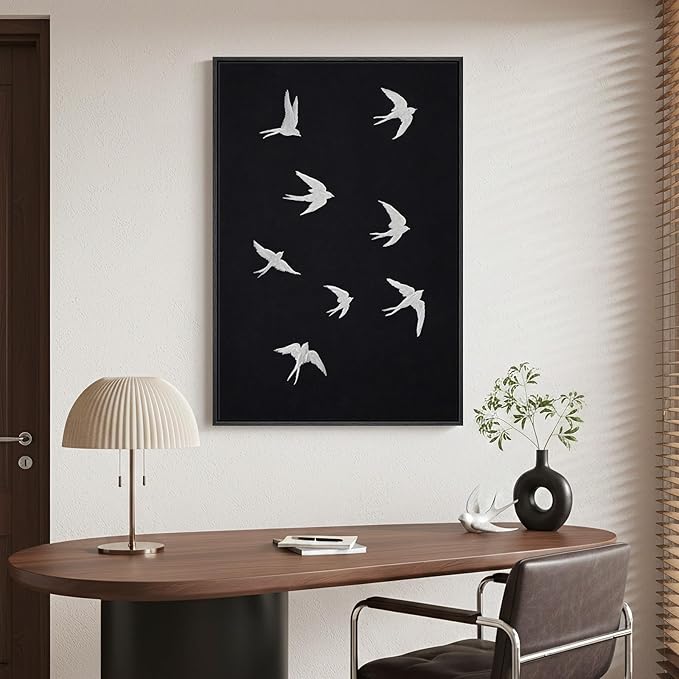 Framed Black and White Modern Wall Art, Large Animal Canvas Prints Paintings Artwork for Walls, Minimalist Birds in Flight Pictures for Living Room Dining Bedroom Hallway Office Home Decor 24x36 In