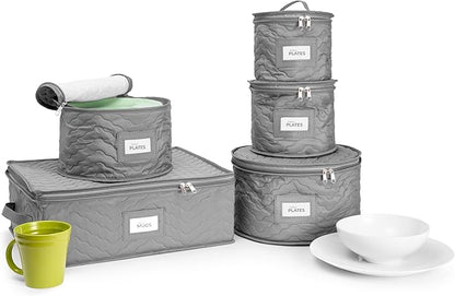 Sorbus China Storage Containers - 5 Pc Quilted Set for Moving & Transporting Dinnerware, Dishes, Round Plates, Glassware, Cups & Mugs with Felt Plate Protectors - Fine China Glass, Plate Storage Cases