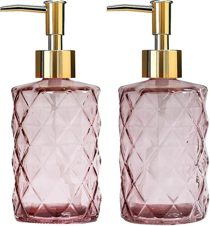 Glass Soap Dispenser with Gold Plastic Pump, 12oz Refillable Liquid Hand Soap Dispenser, 2 Pack Crystal Lotion Bottle for Modern Home Decor, Bathroom, Kitchen Countertop, Hotel