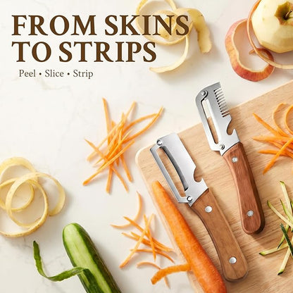 2026 Upgrade Vegetable Peeler and Julienne Peeler Set, Stainless Steel Vegetable Peelers for Kitchen with Wood Handles and Bottle Opener, 2-Pcs Multifunctional Vegetable Peeler Set