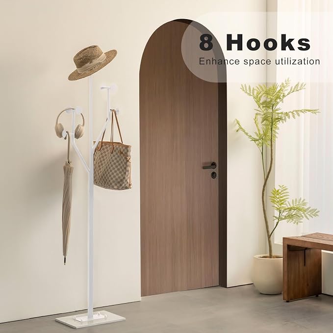 JIAYUEJU Heavy Duty Coat Rack Tree-shaped Metal Freestanding Coat Tree with Sturdy Marble Base Corner Coat Rack for Bedroom Entryway Hallway 14.96 x 10.24 x 68.9 Inches (White)