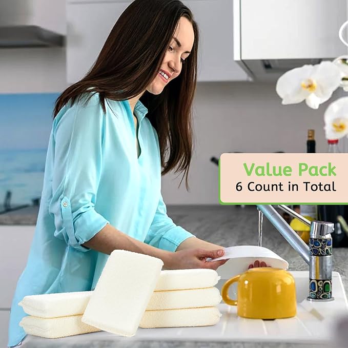 Practical Matter Kitchen Sponge, Organic Cotton Fiber All-Purpose Dish Sponges for Washing Dishes and Cleaning All Surfaces, Durable Non Scratch Scrub, 6 Count Value Pack