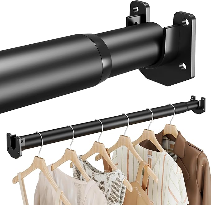 Closet Rods for Hanging Clothes, 17-42 Inch Stepless Adjustable Closet Rod, 1.3 Inch Heavy Duty Metal Clothes Hanging Rod, Expandable Closet Bar Hanger Rod Black for Closet Wardrobes Laundry RV