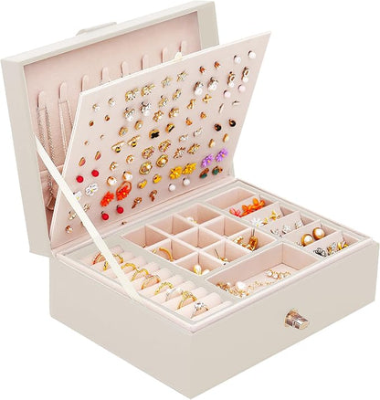 QBestry Girls Jewelry Box Earring Holder Organizer for Girls Jewelry Organizer Box Stud Earrings Organizer for Girl Womens Beige Jewelry Box for Earrings and Necklaces Rings Stud Earring Box for Teen